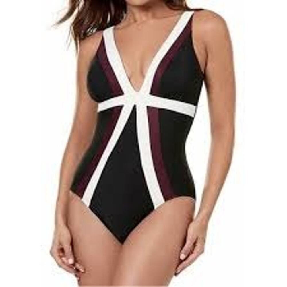 Miraclesuit Black One-Piece Swimsuit with Ivory and Burgundy Accents - Picture 3 of 9
